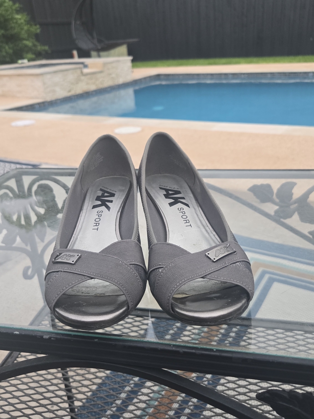 Anne Klein Gray Peep-Toe Flats with Crossover Strap